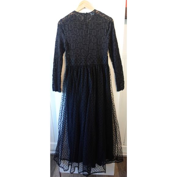 Manoush Dress Womens 8 Black Lace Polka Dot Maxi Long Sleeve Stretch Tulle Goth - Picture 5 of 12
